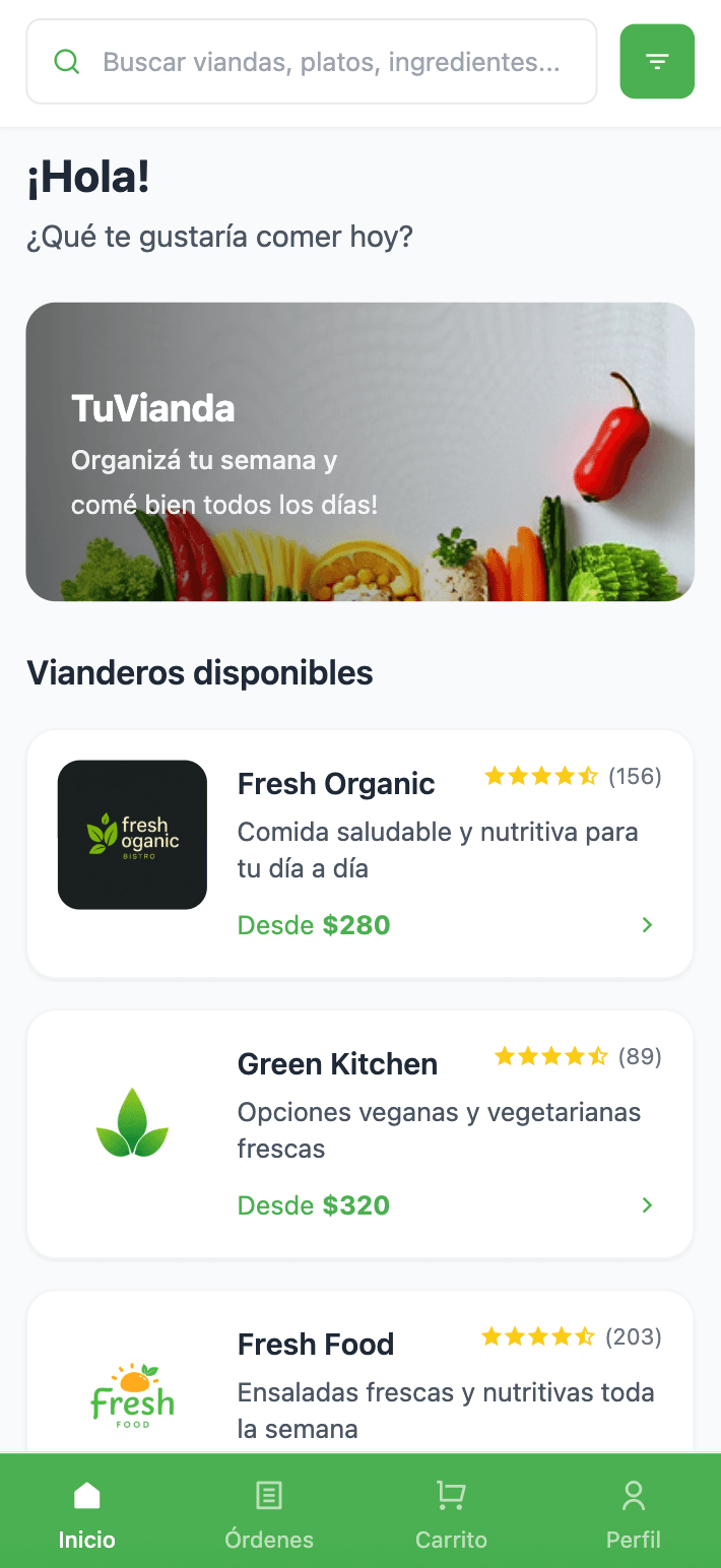 TuVianda app mostrando viandas disponibles